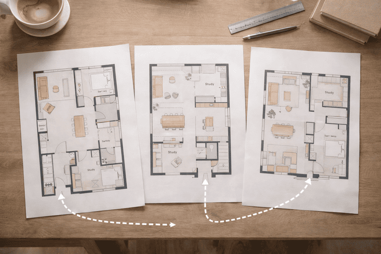 comparer plusieurs plans d’aménagement : Trois versions différentes d’un plan d’aménagement intérieur posées sur une table en bois, illustrant le travail d’optimisation des circulations et des usages en architecture d’intérieur.