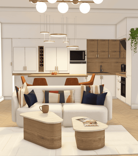 Salon optimisé d’un appartement haussmannien à Paris, avec coin détente circulaire et cuisine ouverte.