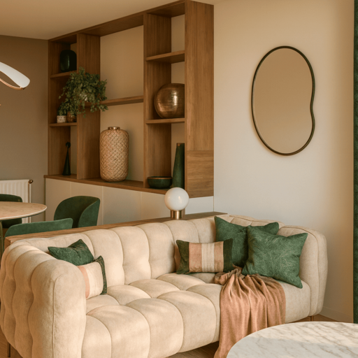 Espace salon avec canapé capitonné beige, coussins verts et meuble sur-mesure en bois — design Studio Intéa.