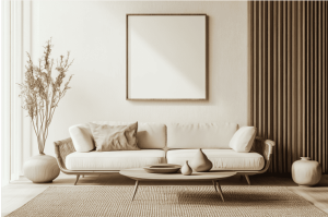 Salon minimaliste et harmonieux avec mobilier clair et mur en bois, favorisant une sensation de calme et de fluidité