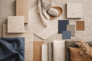 Moodboard de matières naturelles en architecture d’intérieur associant bois neutres, textiles doux, pierre claire et couleurs sourdes pour créer un intérieur apaisant et harmonieux.