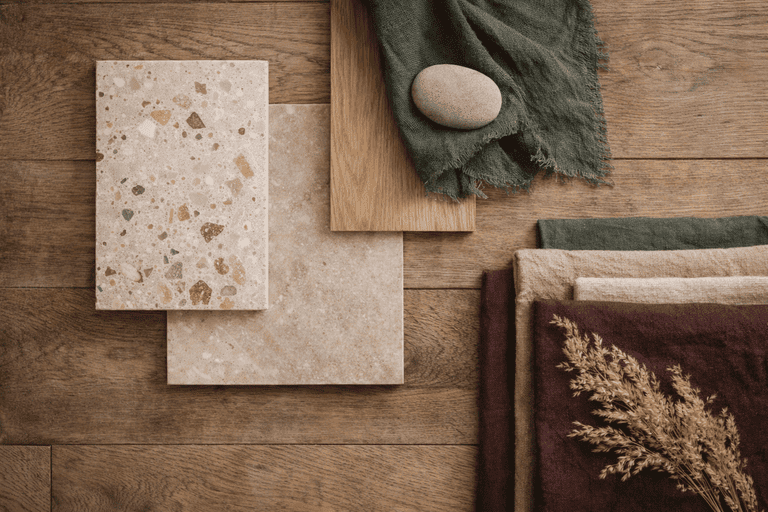 Choix durables en décoration intérieure : Matériaux intemporels en architecture d’intérieur associant pierre naturelle chaleureuse, bois de chêne mat et palette neutre, illustrant des choix durables qui vieillissent bien dans le temps.
