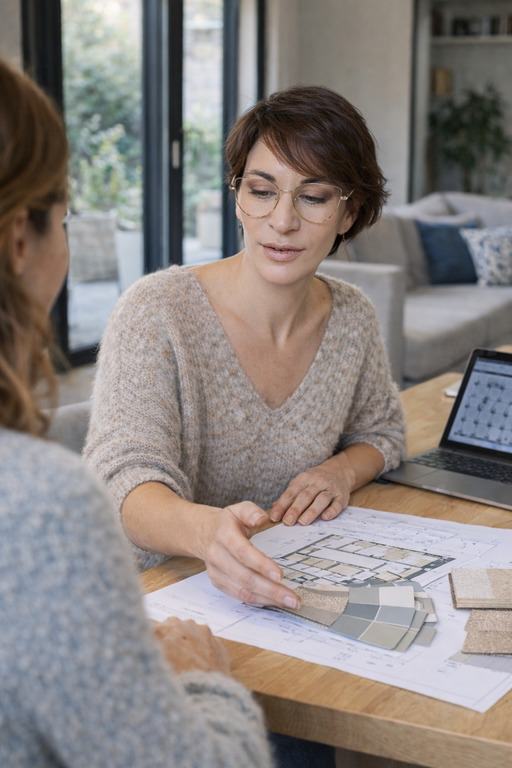 Laetitia Studio Intéa, architecte d’intérieur, échange avec une cliente sur un projet d’aménagement et d’optimisation d’espace