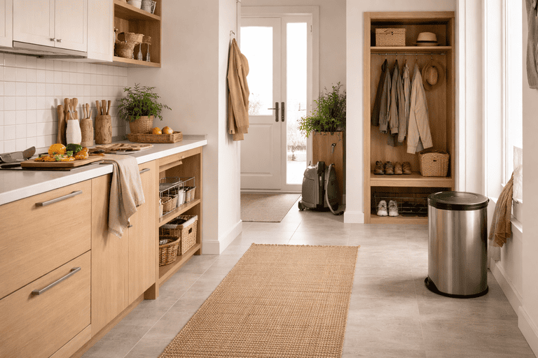 Cuisine ouverte sur une entrée avec un agencement peu fonctionnel, montrant une poubelle éloignée du plan de travail et des rangements mal positionnés, illustrant des déplacements inutiles dans la maison.