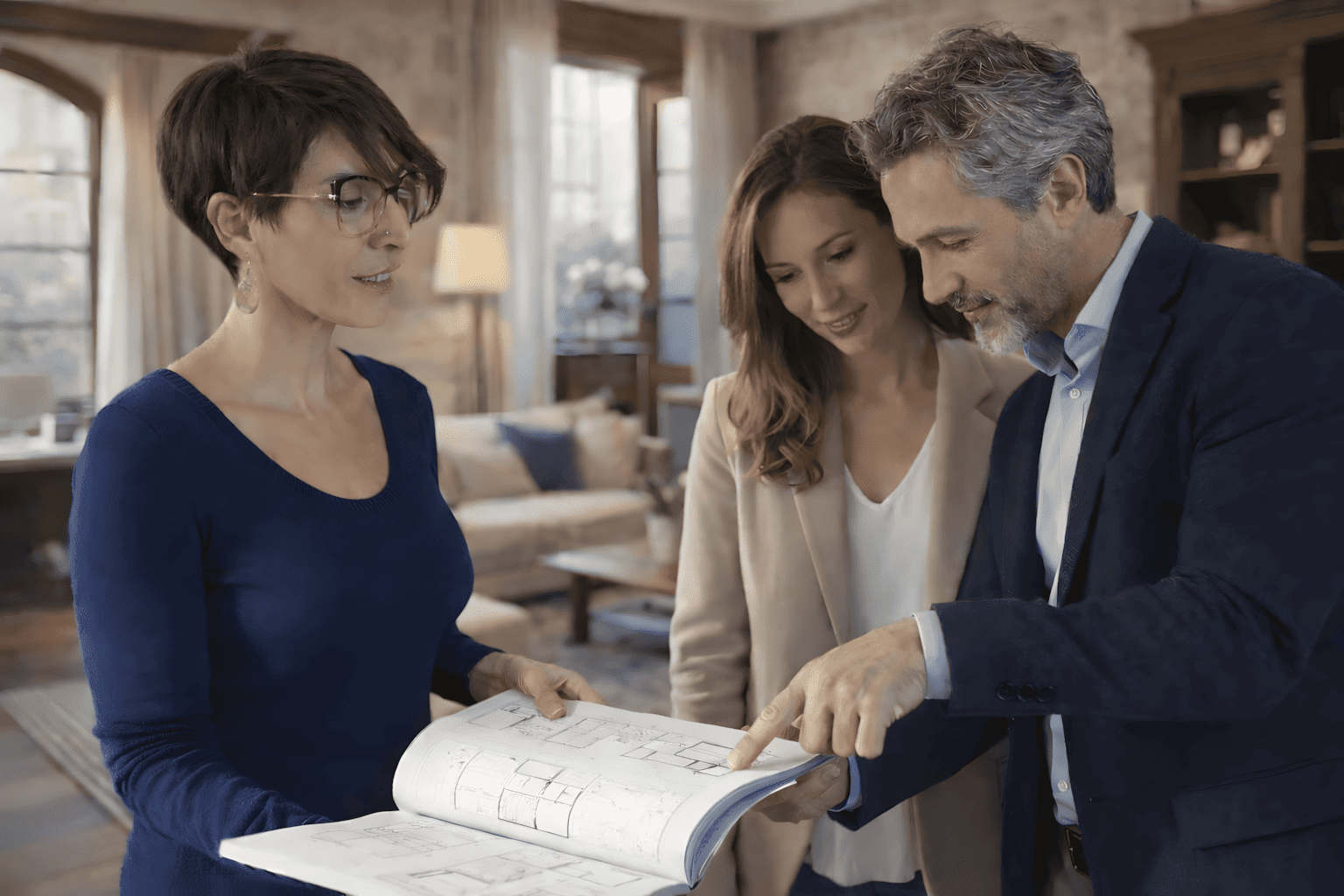 Architecte d’intérieur présentant des plans d’aménagement à un couple lors d’un rendez-vous projet.