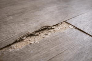 Détail d’un revêtement de sol stratifié abîmé prématurément, montrant une couche décorative décollée et un matériau fragile exposé, illustrant un choix qui ne vieillit pas bien dans le temps.