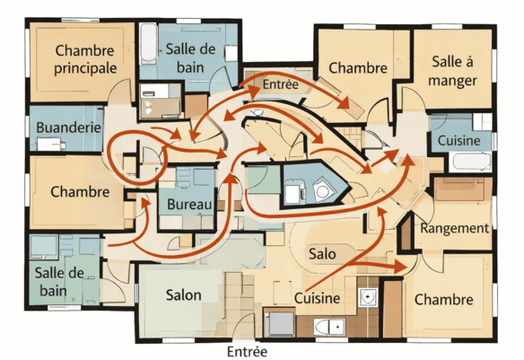 Plan de maison avec circulation intérieure complexe, couloirs étroits, passages confus et enchaînement peu lisible des pièces, illustrant un agencement inefficace.